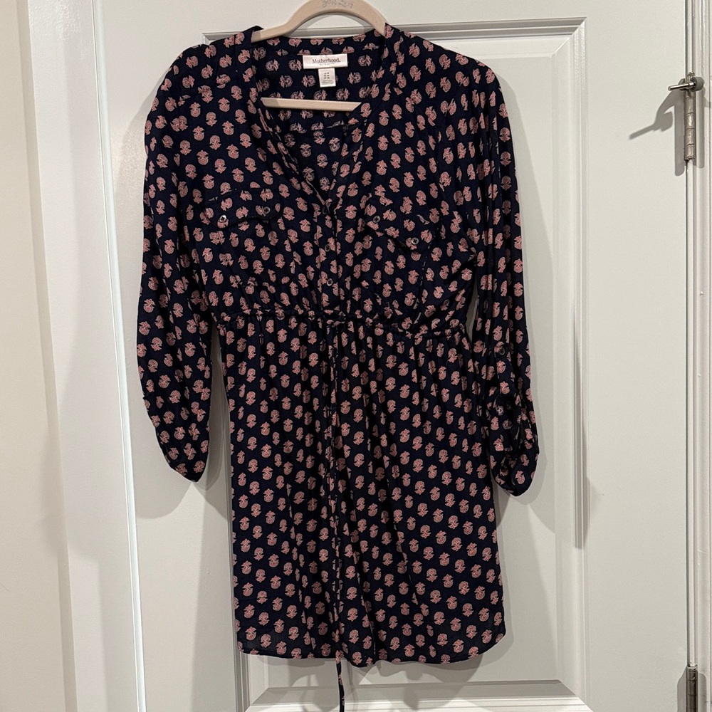 Motherhood Maternity Navy and Pink Long Sleeve Dress
